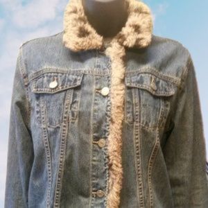 No Boundaries Brown Faux Fur Denim Jacket Size M Juniors EUC